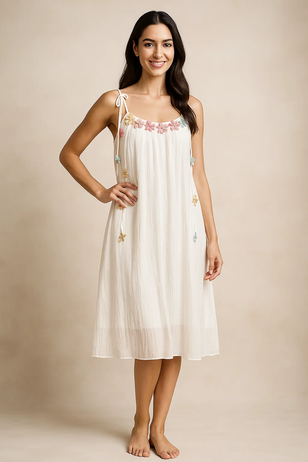 Meadow Bloom Embroidered Midi Dress – Soft, Playful & Breezy