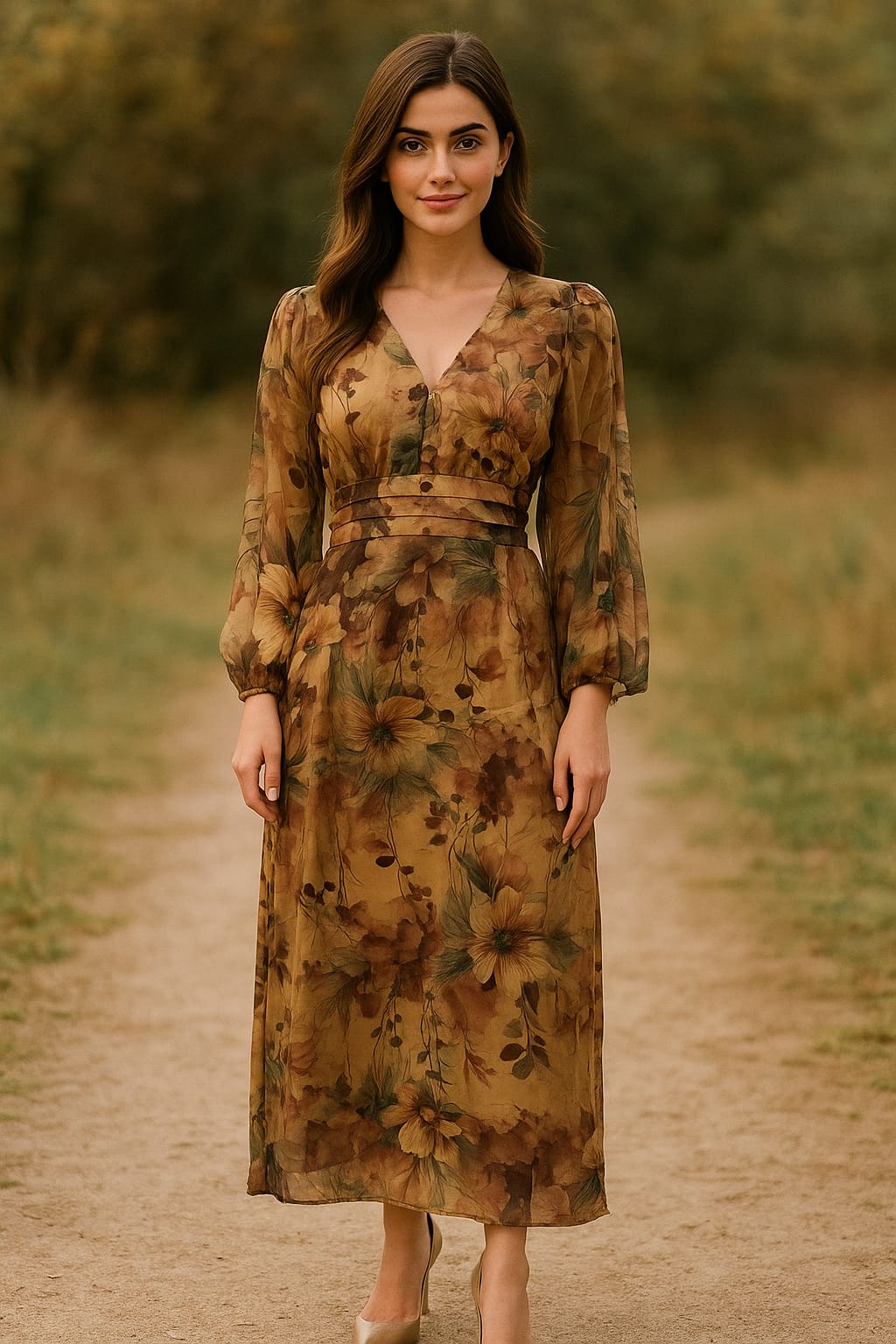 Autumn Bloom Chiffon Maxi Dress – Vintage Florals in Earthy Tones