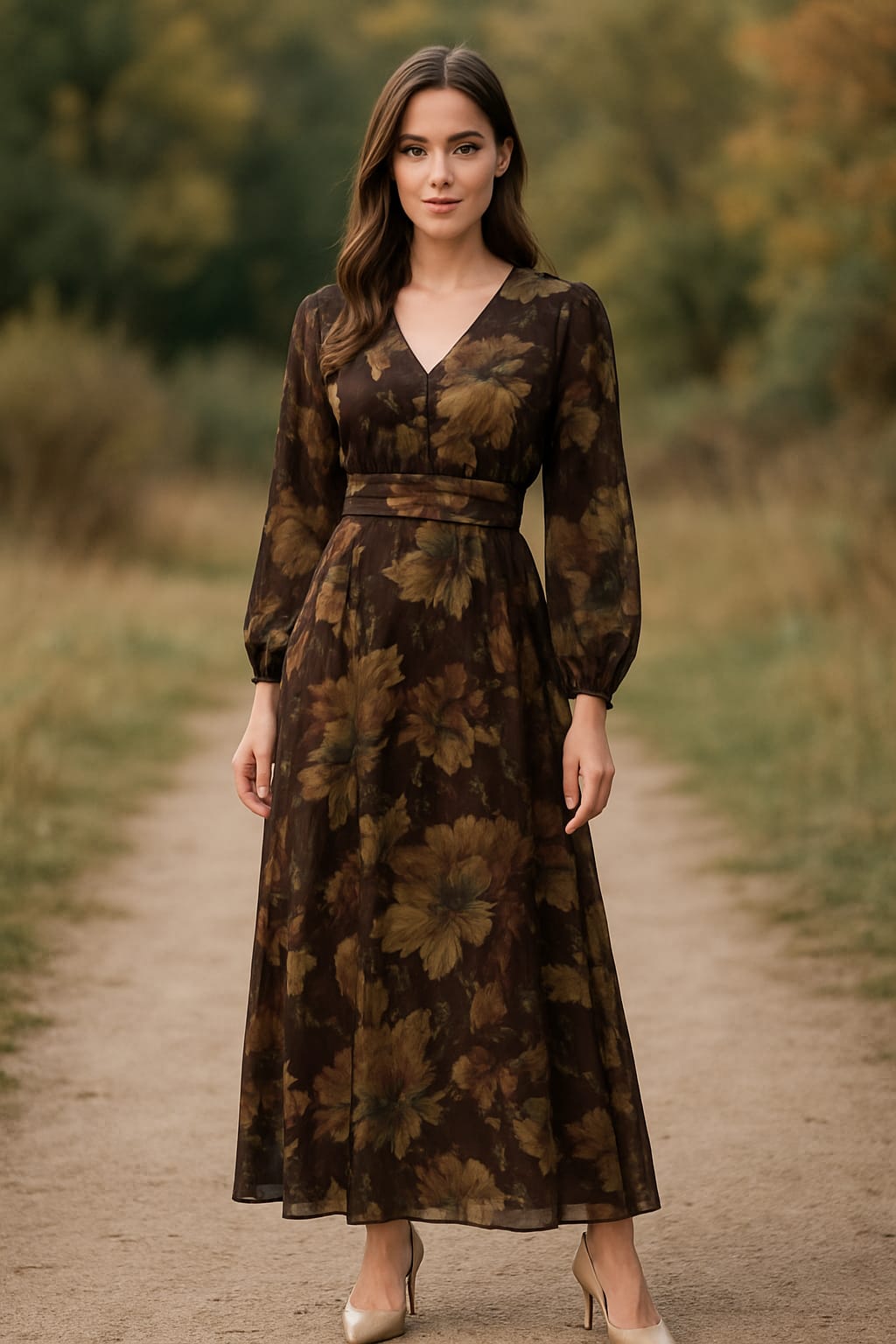 Autumn Bloom Chiffon Maxi Dress – Vintage Florals in Earthy Tones