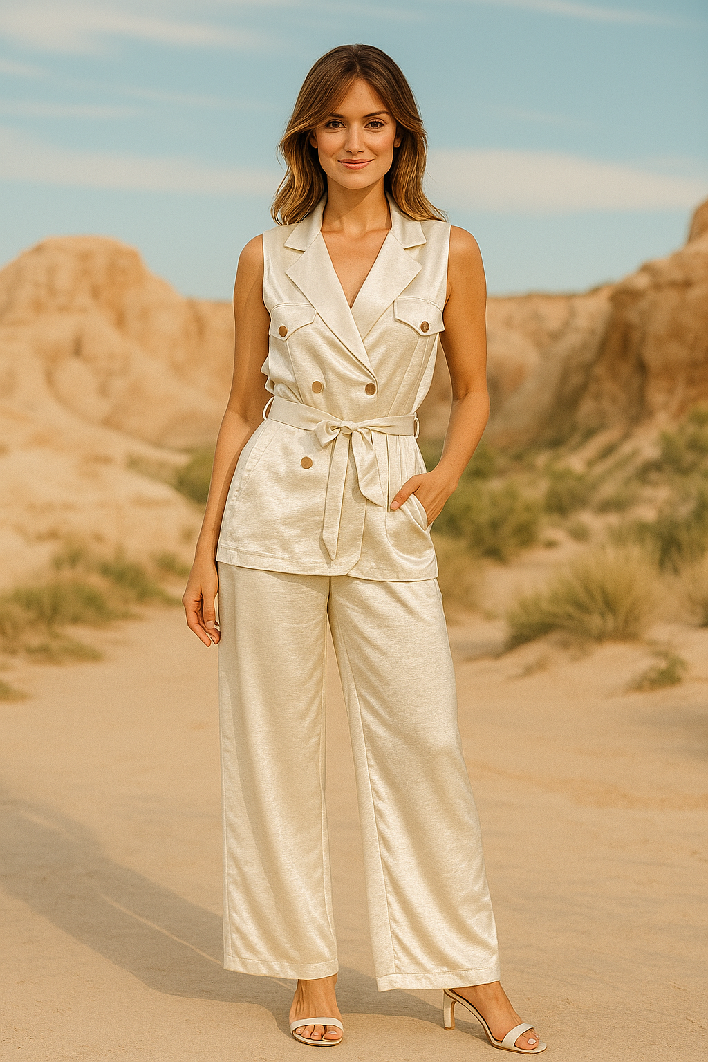 Sleeveless Belted Pantsuit – Power Dressing with Elegance