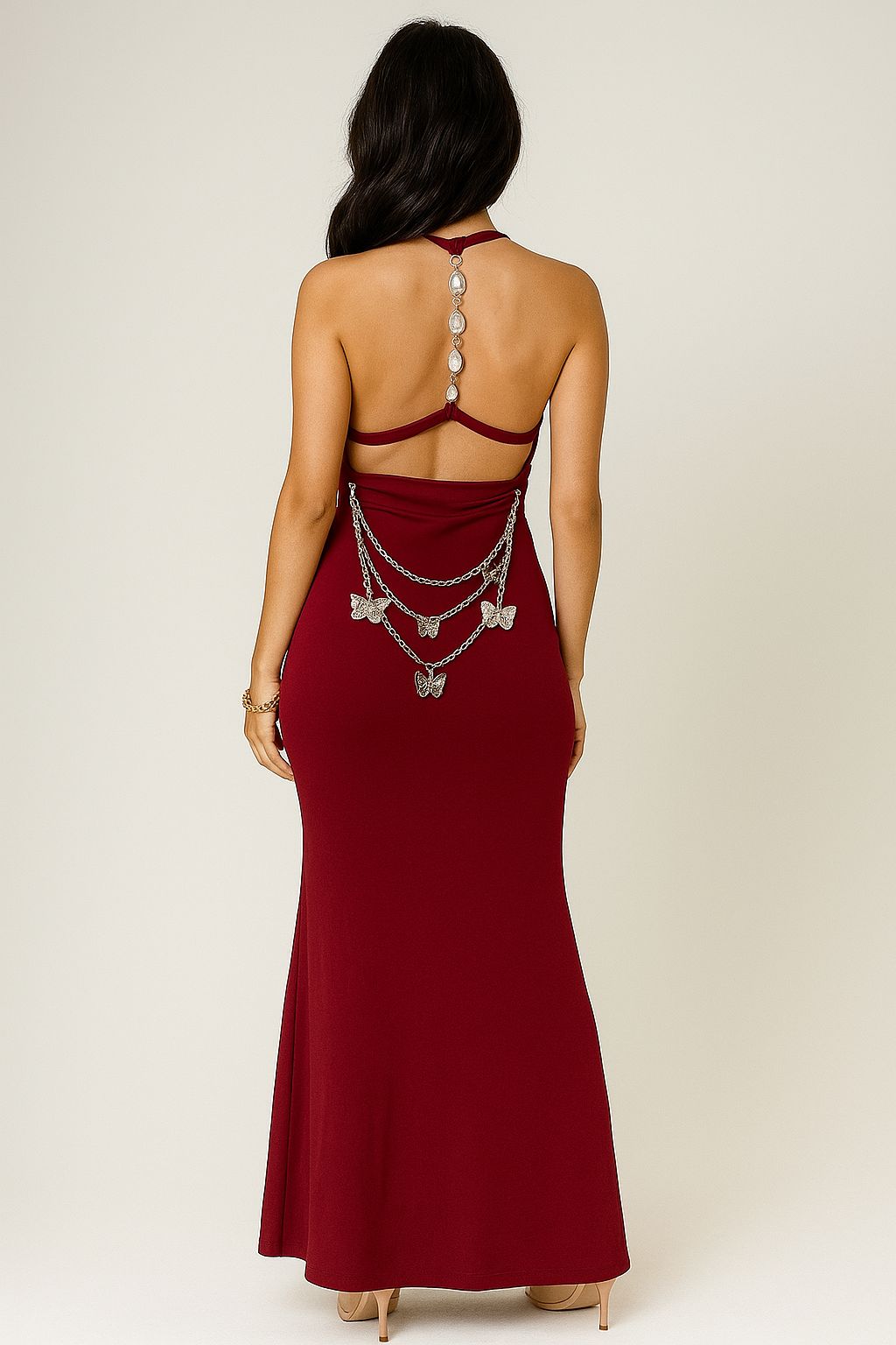 Glam Butterfly Backless Maxi Dress – Available in Wine Red & Midnight Black
