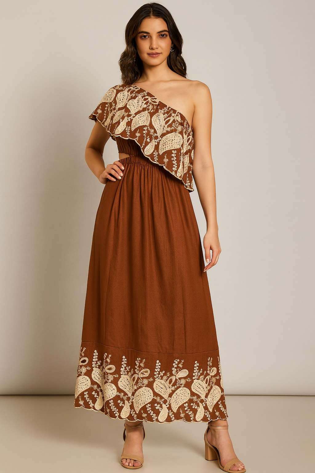 Boho One-Shoulder Embroidered Maxi Dress – Earthy Chic in Two Shades