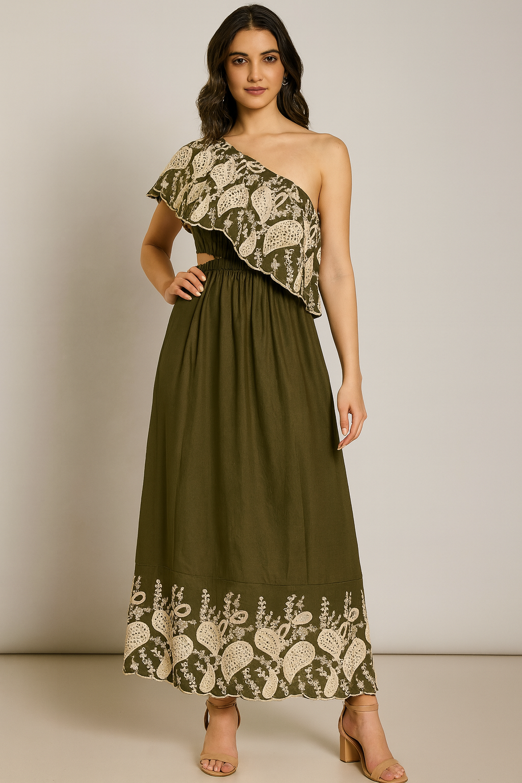 Boho One-Shoulder Embroidered Maxi Dress – Earthy Chic in Two Shades