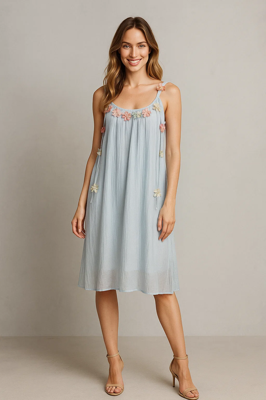 Meadow Bloom Embroidered Midi Dress – Soft, Playful & Breezy