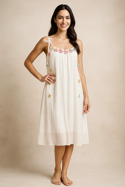 Meadow Bloom Embroidered Midi Dress – Soft, Playful & Breezy