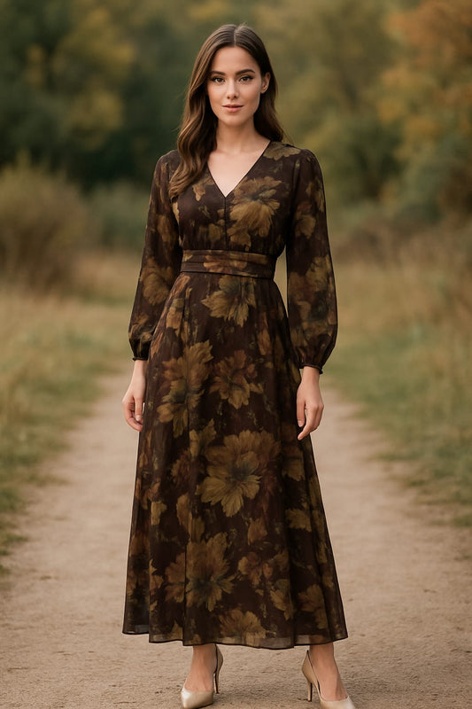 Autumn Bloom Chiffon Maxi Dress – Vintage Florals in Earthy Tones