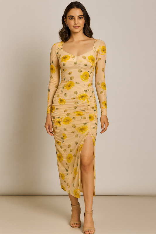 Sheer Floral Mesh Bodycon Dress – Bold Blooms in 3 Stunning Shades