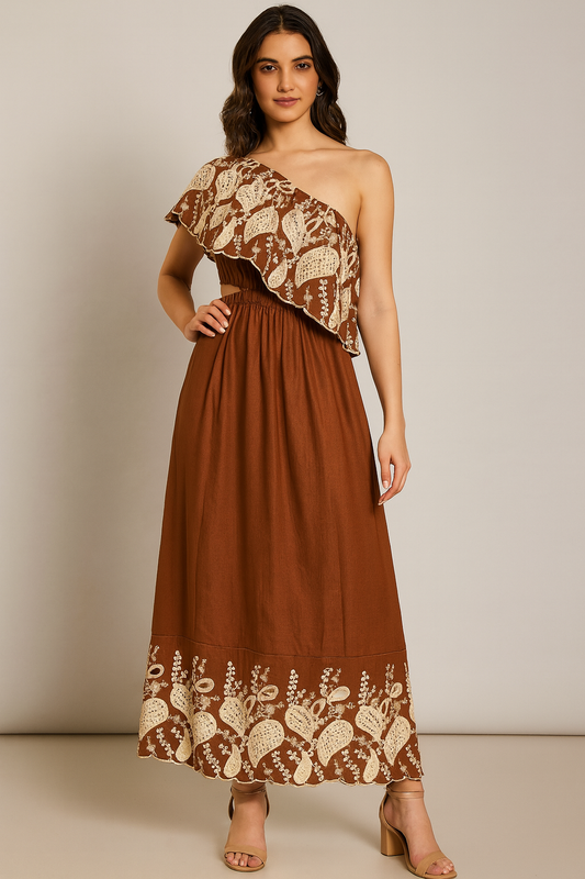 Boho One-Shoulder Embroidered Maxi Dress – Earthy Chic in Two Shades