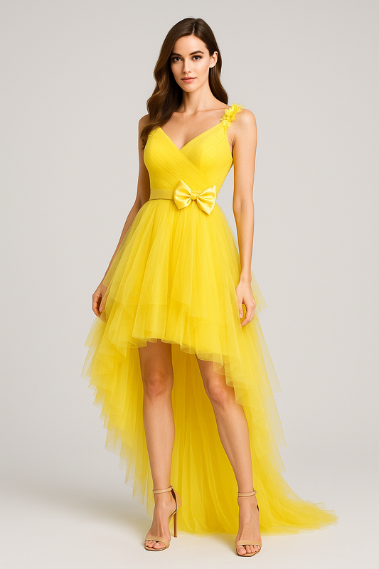 High-Low Layered Tulle Gown with Bow Accent – The Ultimate Statement Dress