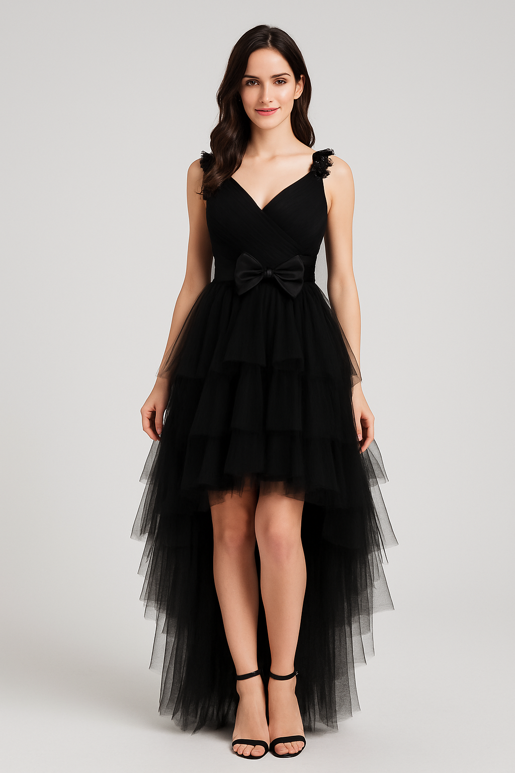 High-Low Layered Tulle Gown with Bow Accent – The Ultimate Statement Dress