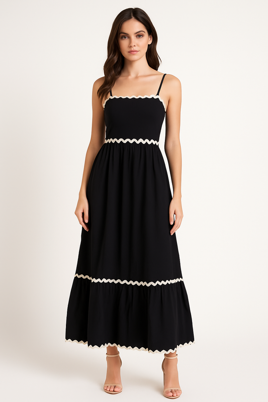 Timeless Ric-Rac Trim Maxi Dress – Minimalist Chic for Every Season