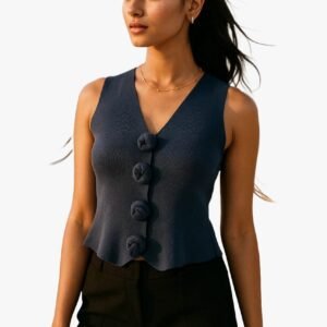 Navy Knot-Detail Ribbed Top