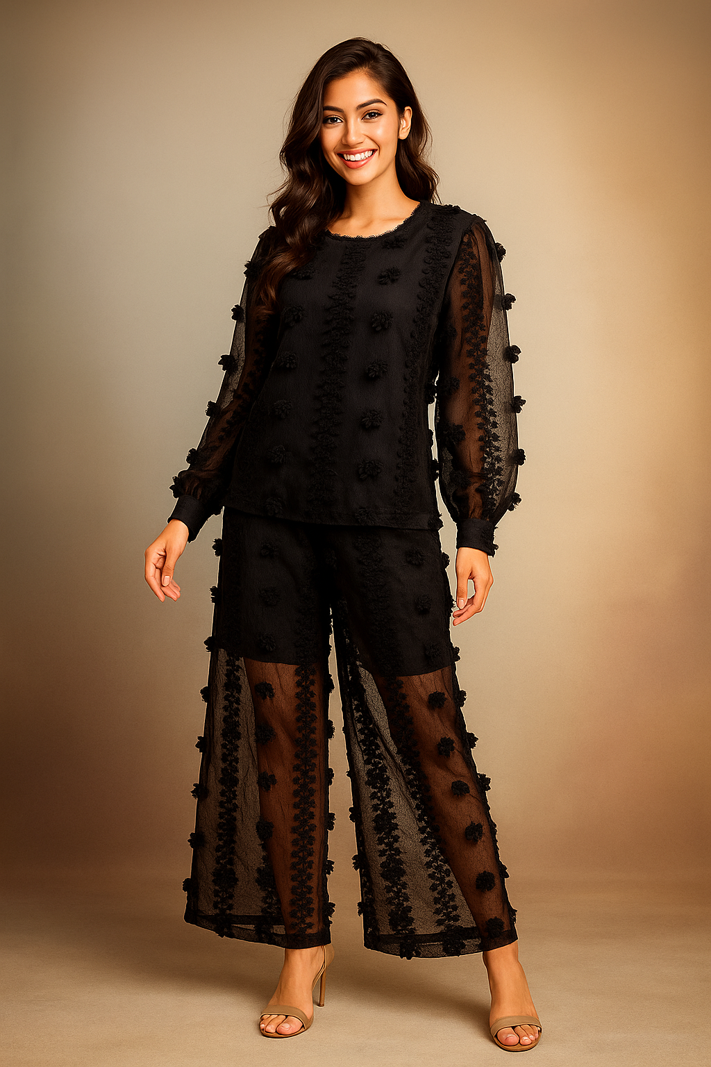 Noir Whisper Embroidered Sheer Set