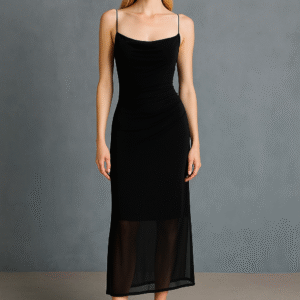 Noir Whisper Mesh Cowl Dress