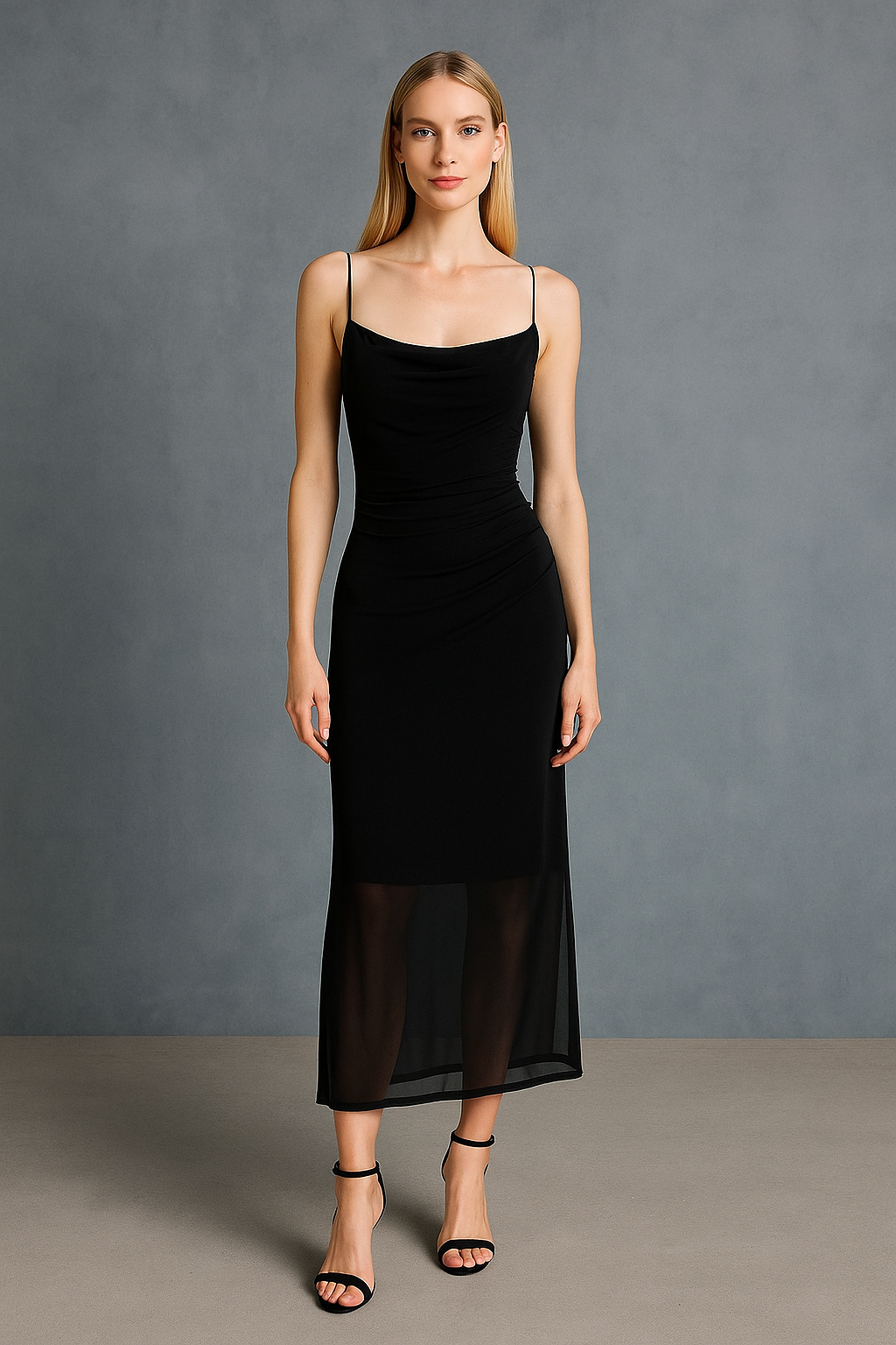 Noir Whisper Mesh Cowl Dress