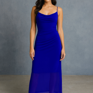 Cobalt Cowl Mesh Midi Dress